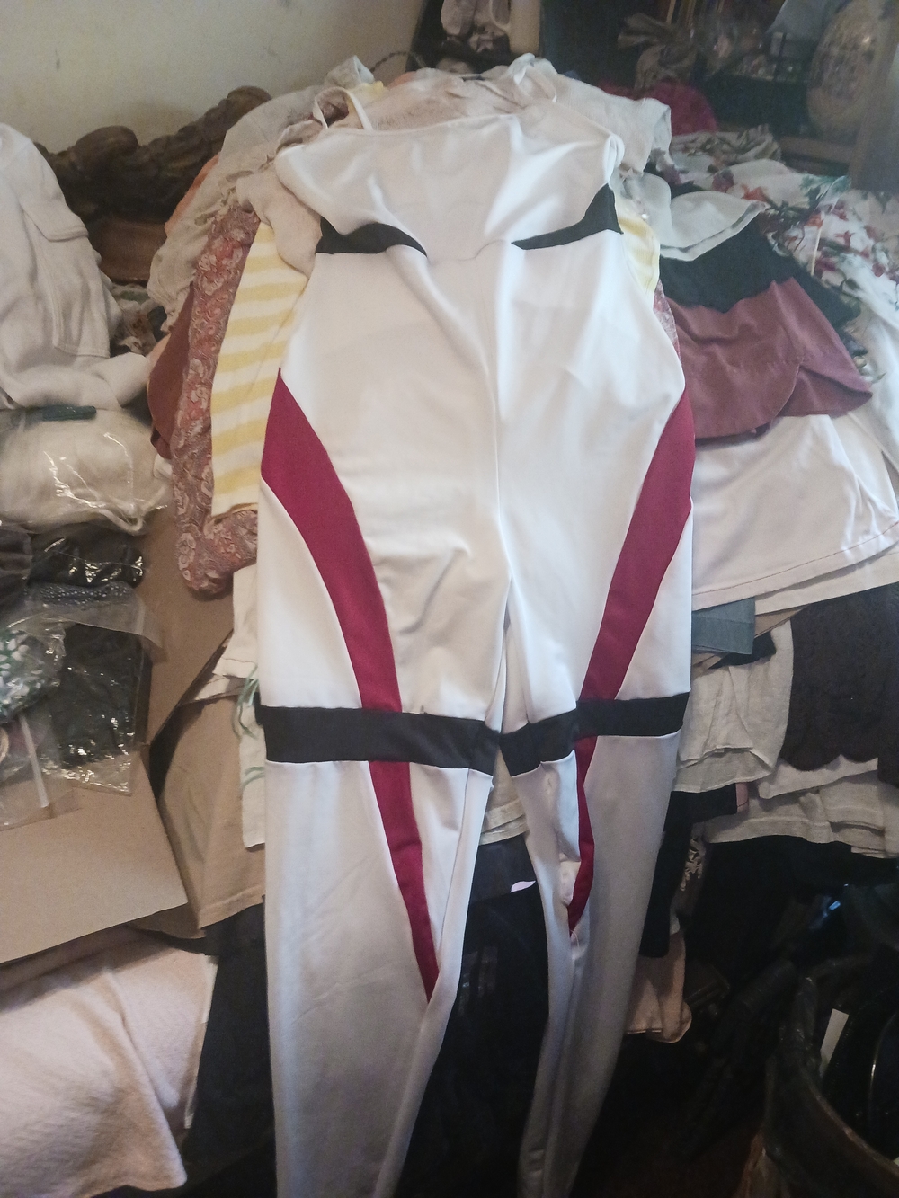 White and Burgundy Colorblock Jumpsuit with Black Trim
